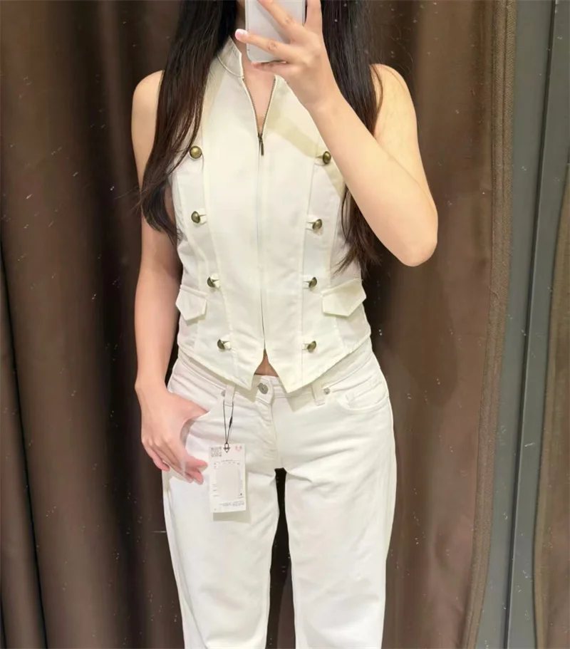 ZOCI Women's Jacket 2026 Summer New White Sleeveless Button-Decorated Slim Vest Stylish and Trendy