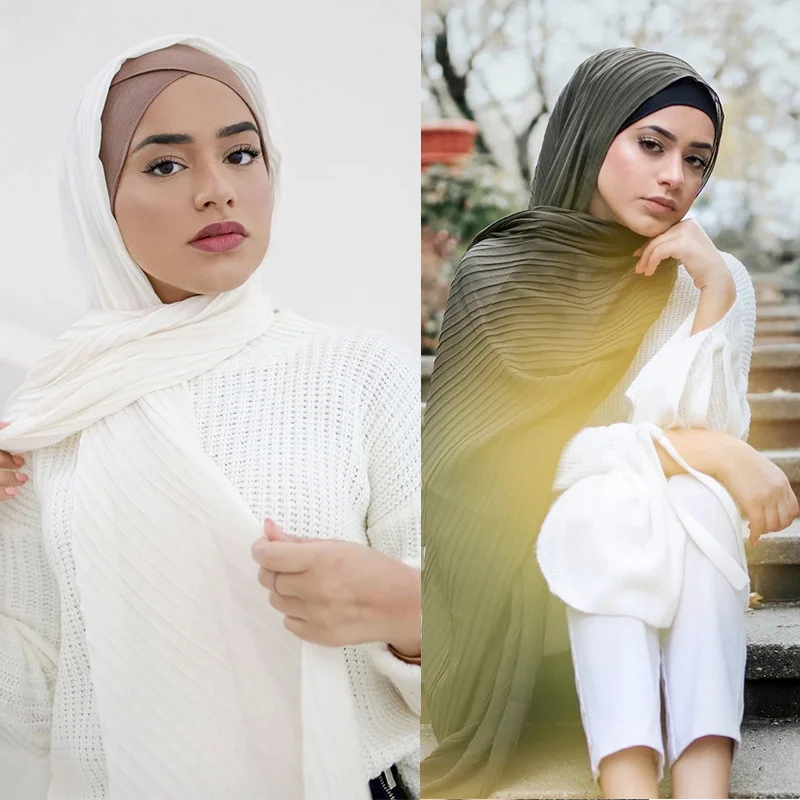 New Women Muslim Hijab Long Scarf Shawl Wrap Crinkle Wrinkle Pleated Turban Large Pashmina Cape Islam Headscarf Poncho 180*85cm