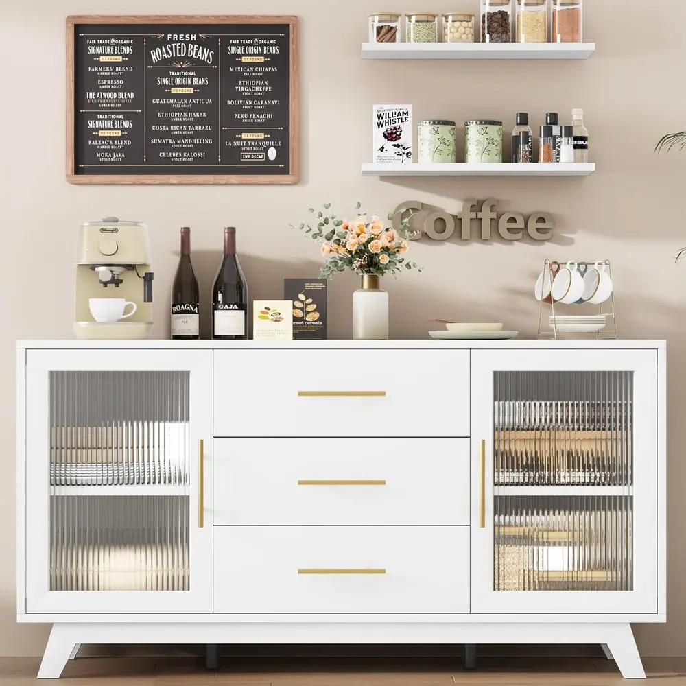 

56 Sideboard with Etched Glass Doors and Gold Handles, Adjustable Shelves, Coffee Bar Table for Dining and Living Rooms
