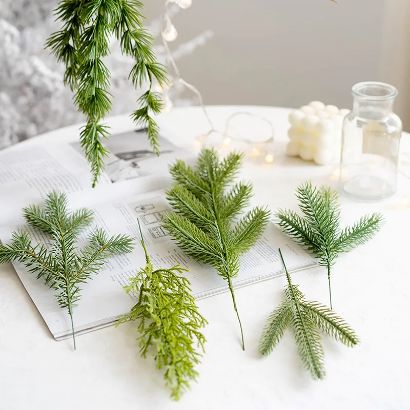 5pcs Artificial Christmas Tree Pine Branches Plastic Xmas Pines For Christmas DIY Wreath Decorations New Year Home Table Setting