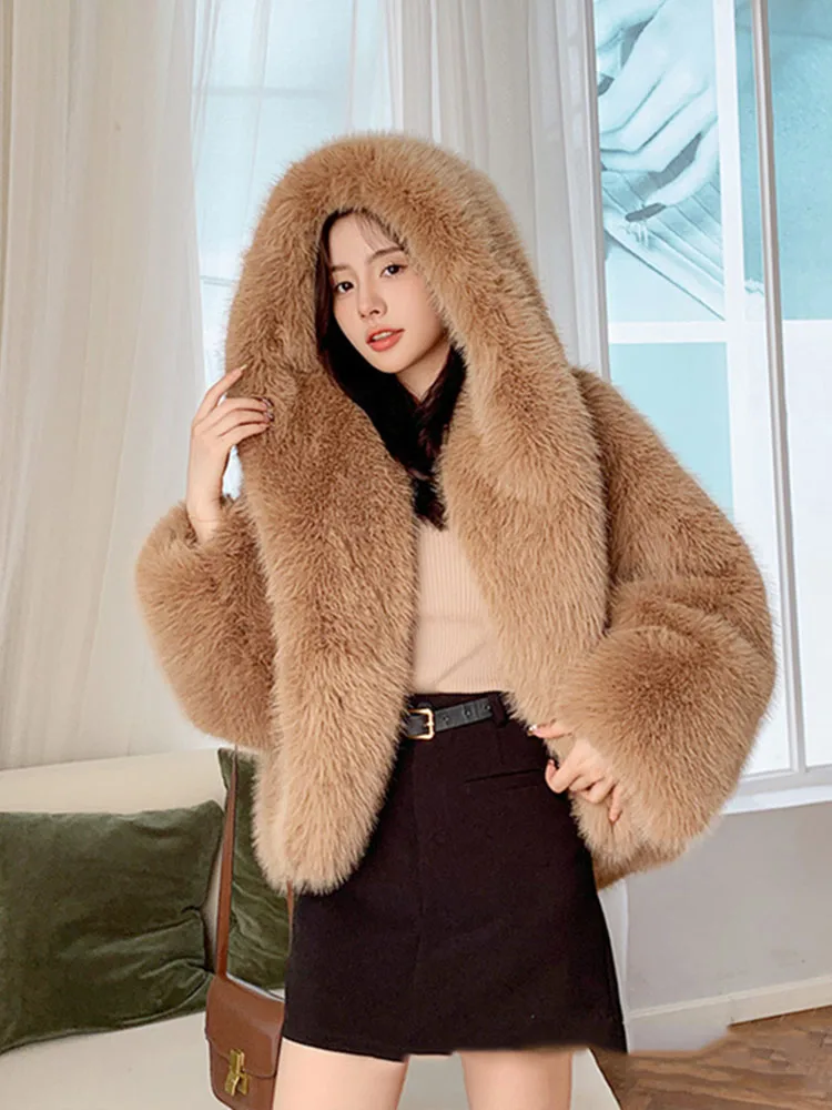 ZADORIN High Street Oversized Batwing Sleeve Hood Faux Fox Fur Coat Winter Women Fluffy Jacket Ladies Jackets Clothes for Women