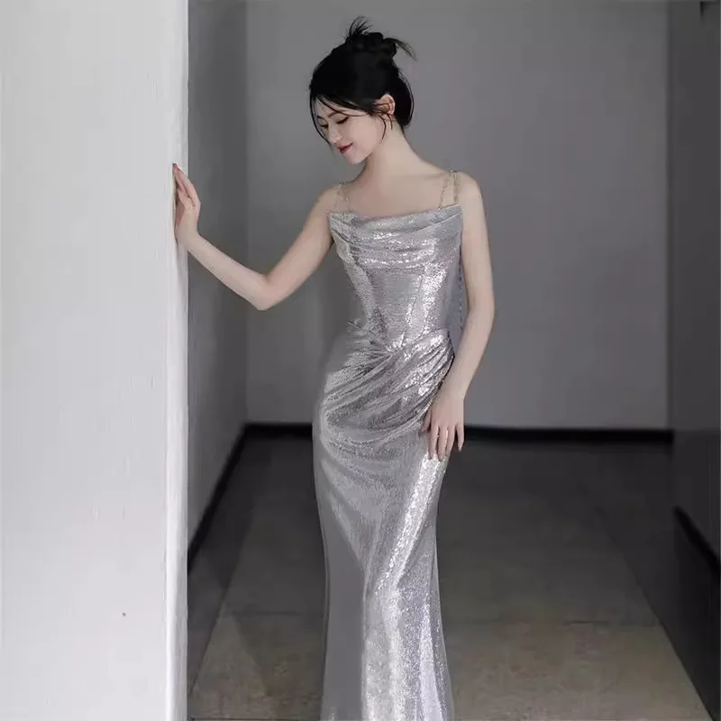 Silver Sequin Evening Dress 2025 New Style Elegantly Hosted Ball Waist Cinched Fish Tail Strapless Gown Long Evening Gown