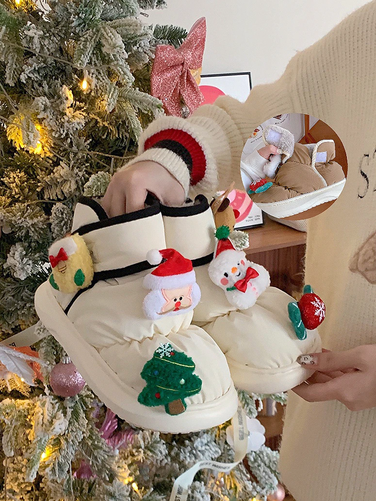 

Christmas Santa Claus Winter Atmosphere Short Snow Boots Unisex Fashionable Outerwear Warm Cotton Shoes for Men And Women