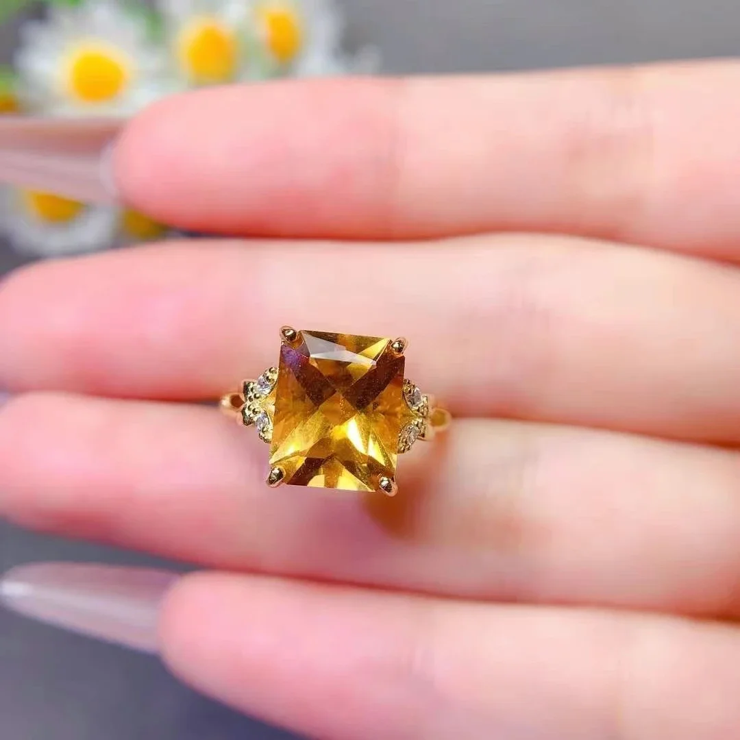 Pure Natural Citrine Ring 9mm*11mm 4ct VVS Grade Genuine Citrine Ring Thick 18K Gold Plated 925 Silver Crystal Jewelry