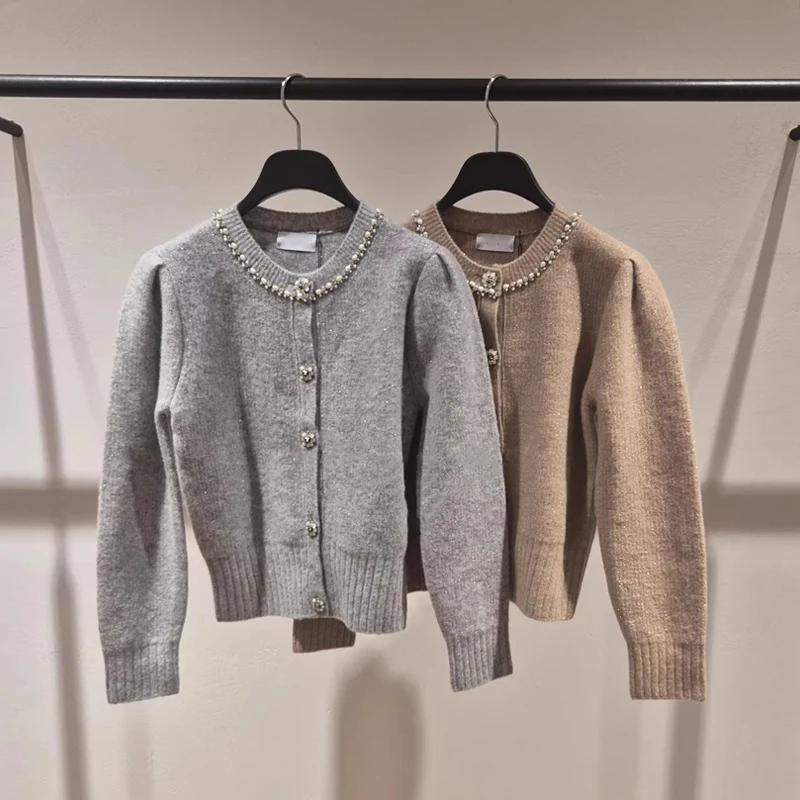 

MICOAT Ele Pearl Embedded Heavyweight Knitted ort Thiened Woolen Open Cardigan for Women Sli Sweet Sle Bubble S...