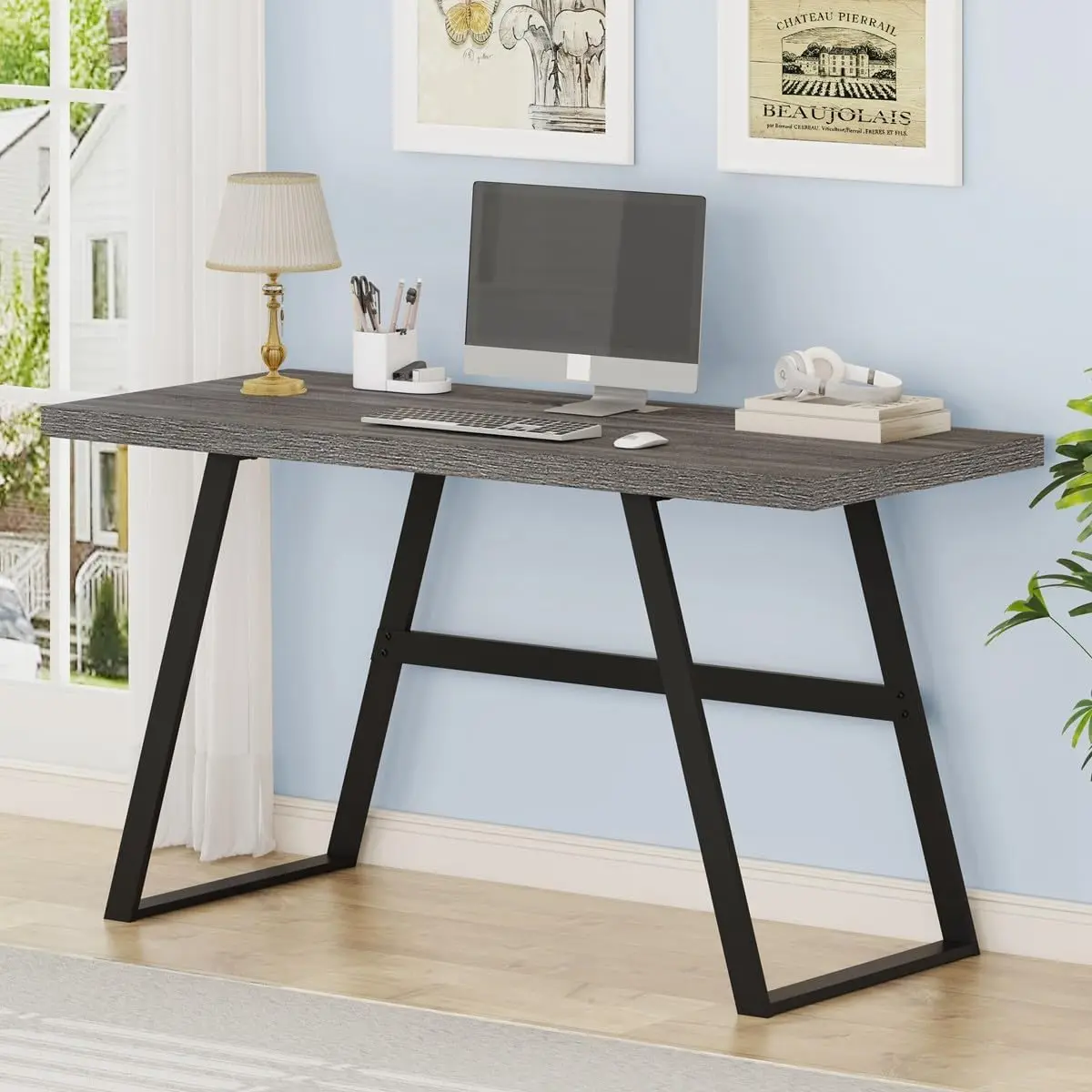 

BON AUGURE 55 Inch Home Office Desks, Modern Office Desk, Wooden Computer Desk, Minimalist Writing Desk, Farmhouse