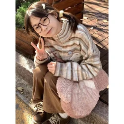 MEXZT Y2K Striped Knitted Cardigan Women Vintage Oversized Sweater Outerwear Japanese Kawaii Embroidery Knitwear Winter Jumpers