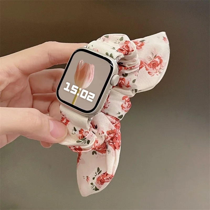 Korea Cute Bow Hair Band Strap For Apple Watch Band 49mm 44mm 40mm 45mm 41mm Fashion Lady Elastic Strap Band For watch 9 8 7 6 5