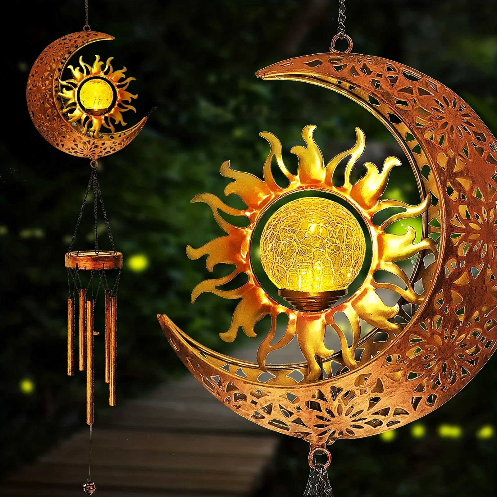 Wind Chimes, Sun Crackle Glass Ball Solar Wind Chimes With Metal Tubes Waterproof, Unique Hanging Decor, Scene Decor,  Decor, We