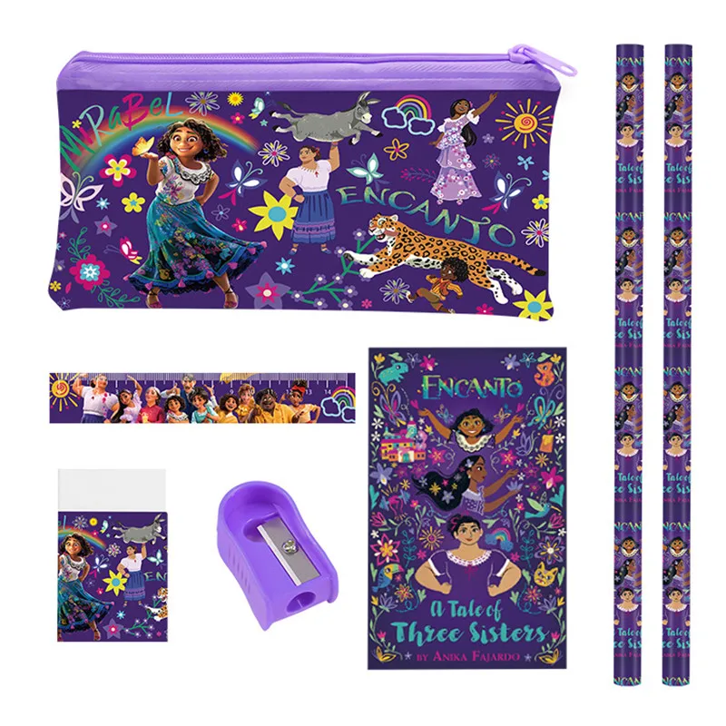 Disney Anime Encanto Stationary Set Mirabel Cartoon Figure Pencil Eraser Ruler Sharpener Pencil Case Notebook Set Girls Gift