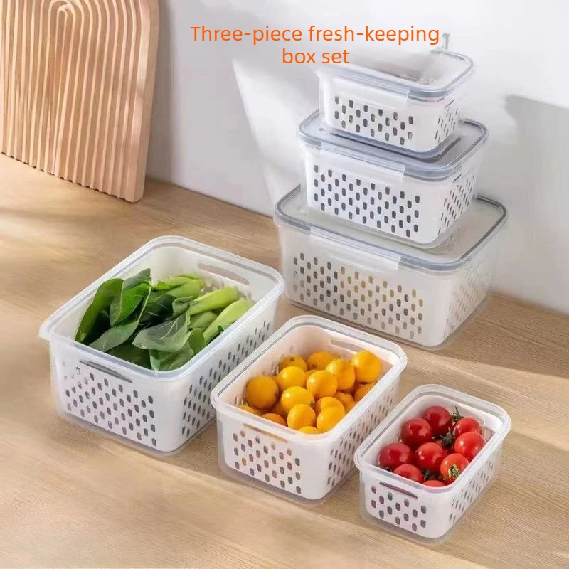 3pcs Set Drain Basket Preservation Box Household Microwave Oven Kitchen Refrigerator Fruit and Vegetable Drain Storage Box