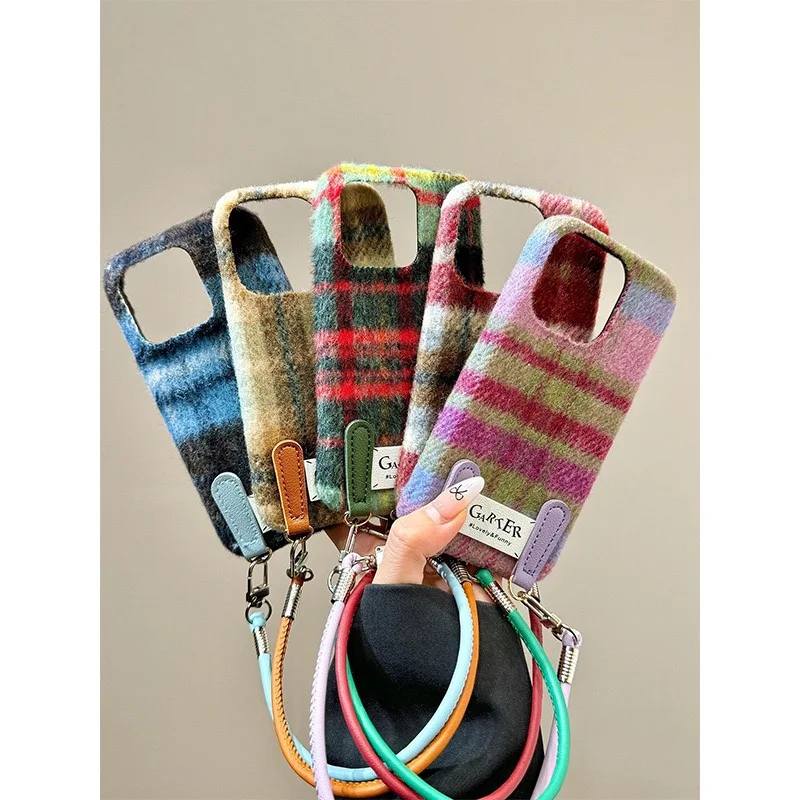 Winter plush fabric color blocking grid lanyard phone case For iPhone 16 pro max 15 14 13 Pro wrist strap lanyard phone case