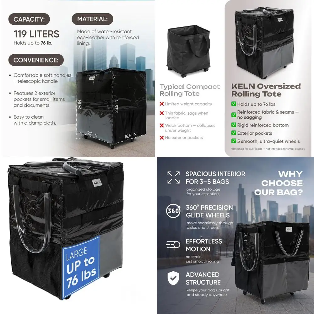 

Durable Rolling Tote Bag - Foldable Shopping Bag with Handle - Reusable Grocery Bag on Wheels