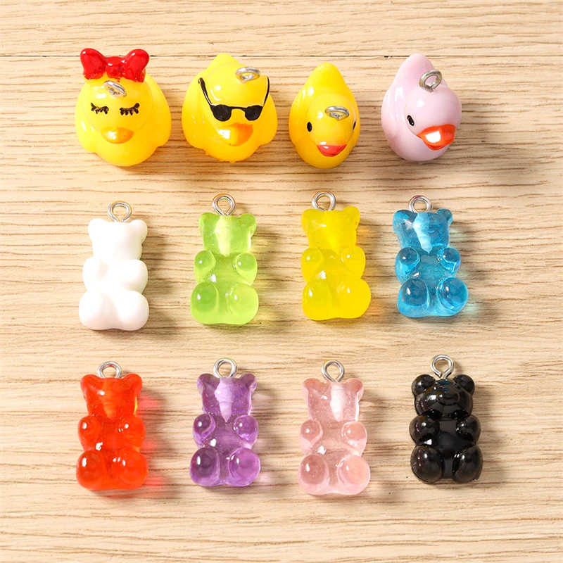 10 Stück niedliche, bonbonfarbene Harz-Tieranhänger in Form von Gummibärchen und Enten für die Schmuckherstellung, Ohrringe, Anhänger, Halsketten, DIY-Bastelbedarf – Detail 1