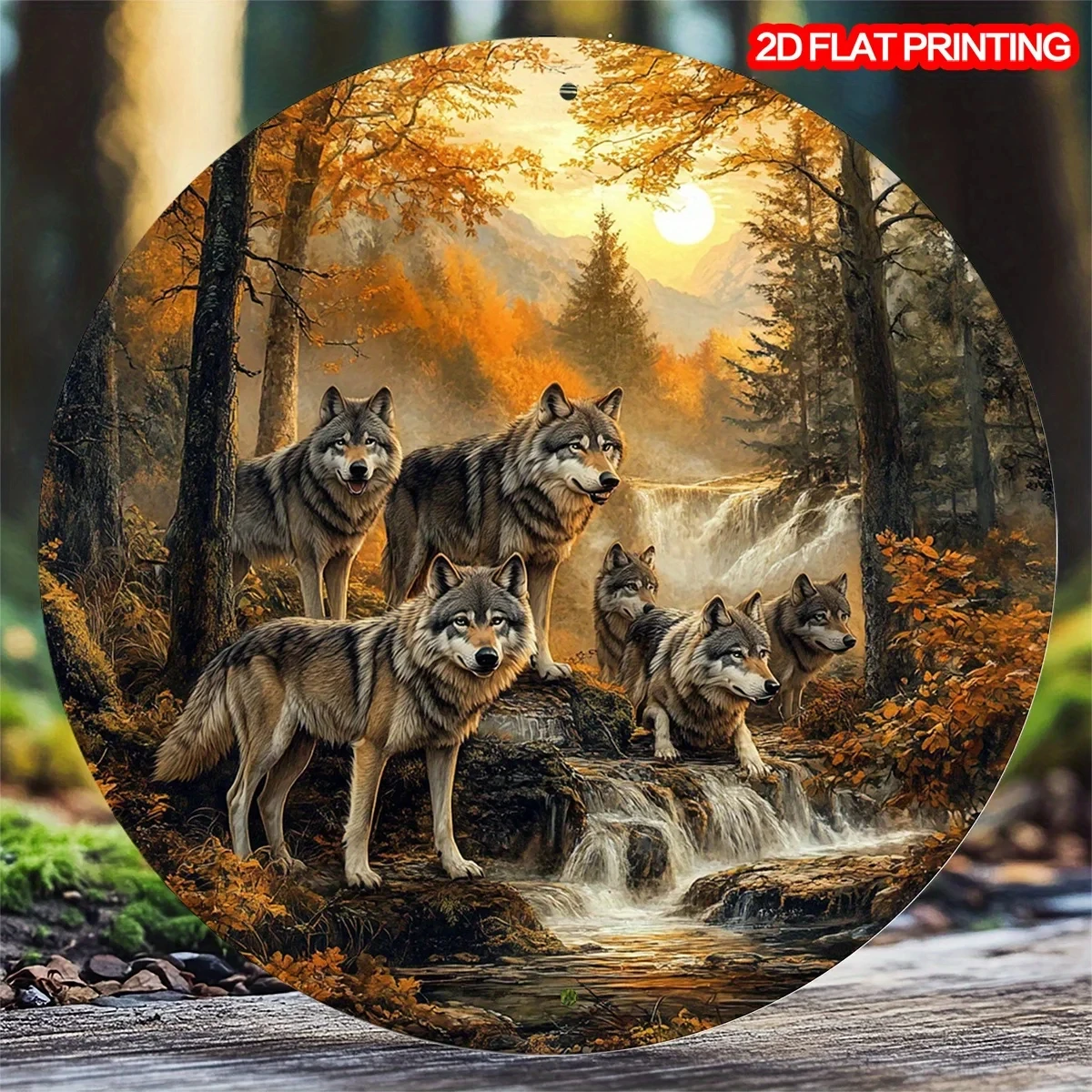 2D Flat Design - a 2D Flat Design, a Vintage Wolf Pack Circular Logo, Size 8X 8inch / 20X 20cm , Pre-Drilled for Wall Hanging, Made by Me