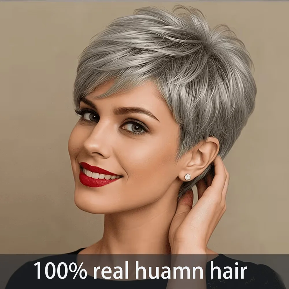 

Chic Gray Short Pixie Cut Wigs Human Hair Layered Bazilian Hair with Bangs Straight Human Hair Wigs for Women Machine Made Cap