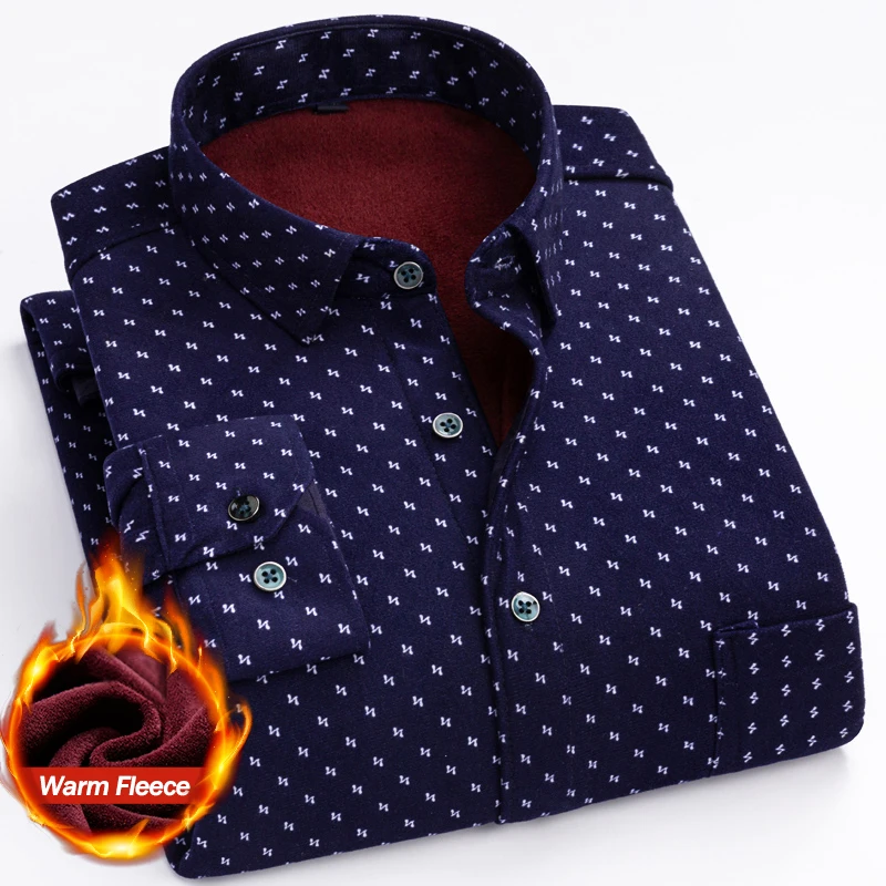 Winter Warm Fleece Long-sleeved Shirt Men's Classic Striped Plaid Printed Business Casual Party Dress Thick Plush Velvet Shirts