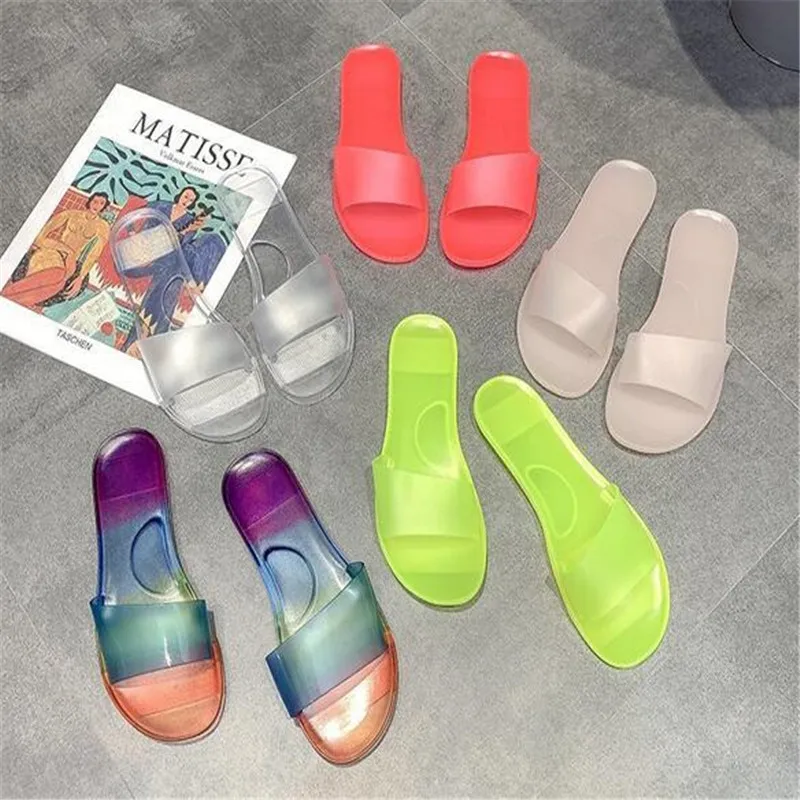 2022 Summer Women Candy Color Transparent Slides Flat Bottom Plus Size Beach Sandals Shoes Ladies Casual One-word Jelly Slippers