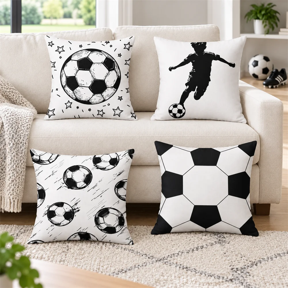 Sketch Football Player Cushion Cover Soft Short Plush Pillow Cases Hidden Zipper Cutecore Sofa Bedroom Home Decor Vintage Gift