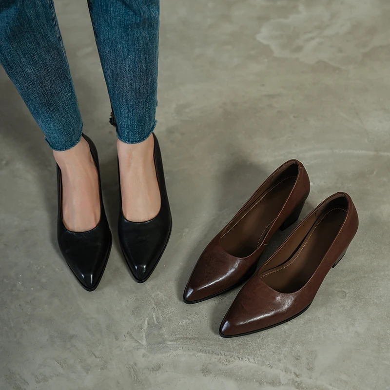 2026 new spring autumn women pumps natural leather 22-25cm washed cowhide+sheepskin pointed toe high heel women shoes fashion