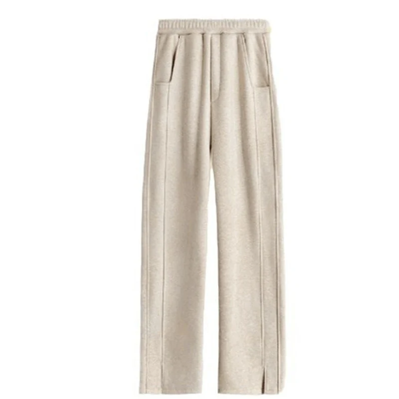 秋冬レディースヘリンボーンフリース裏地パンツカジュアル弾性ウエストストレートスリムフィットレギンスズボン男性服