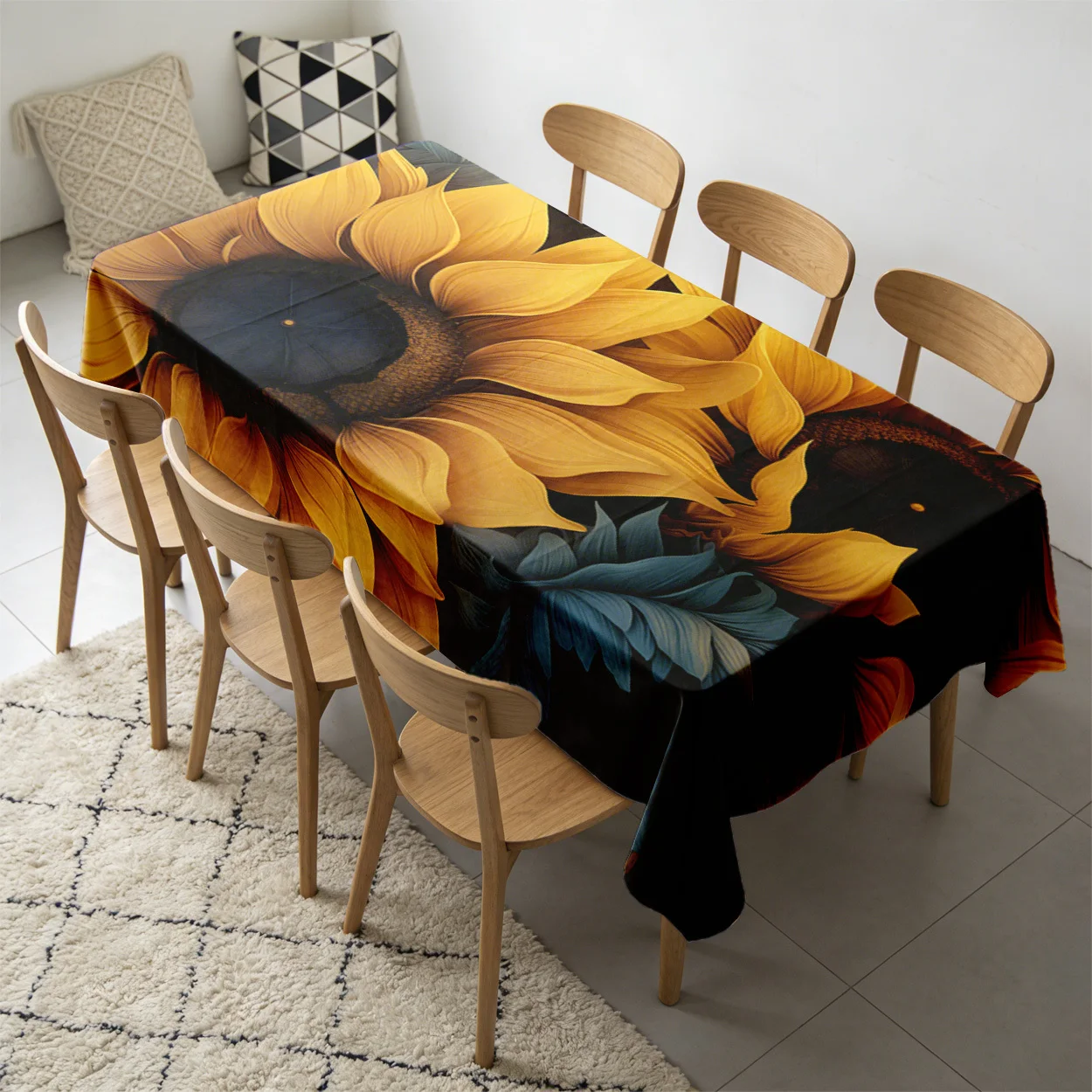 Tablecloth 2D Flat Printing 1pc Sunflower and Blue Flower Art Style, Yellow and Blue Contrast Durable, Suitable for Indoor and Outdoor Daily Use, Easy-Clean Tablecloth for Holiday Party Decor and Home Kitchen Decoration