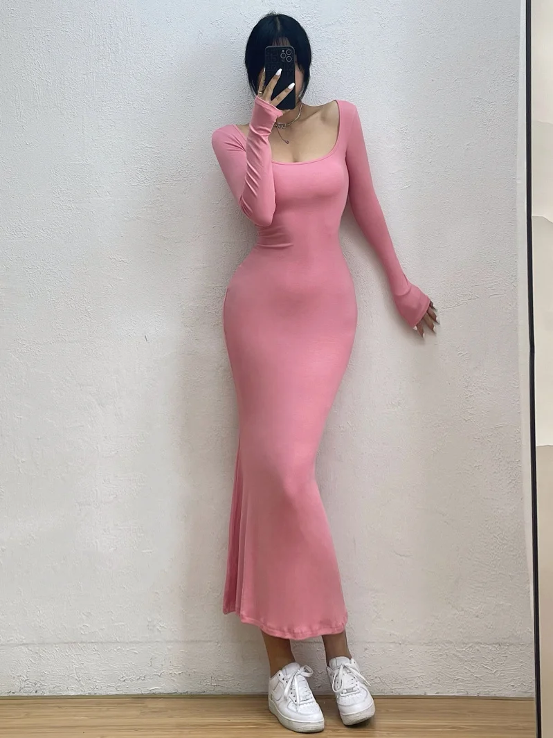 WOMENGAGA Sexy Square Collar Long Sleeve Fishtail Dress Tight Figure Wrap Hip Super Long Dresses Fashion Korean Tops 2022 E83H