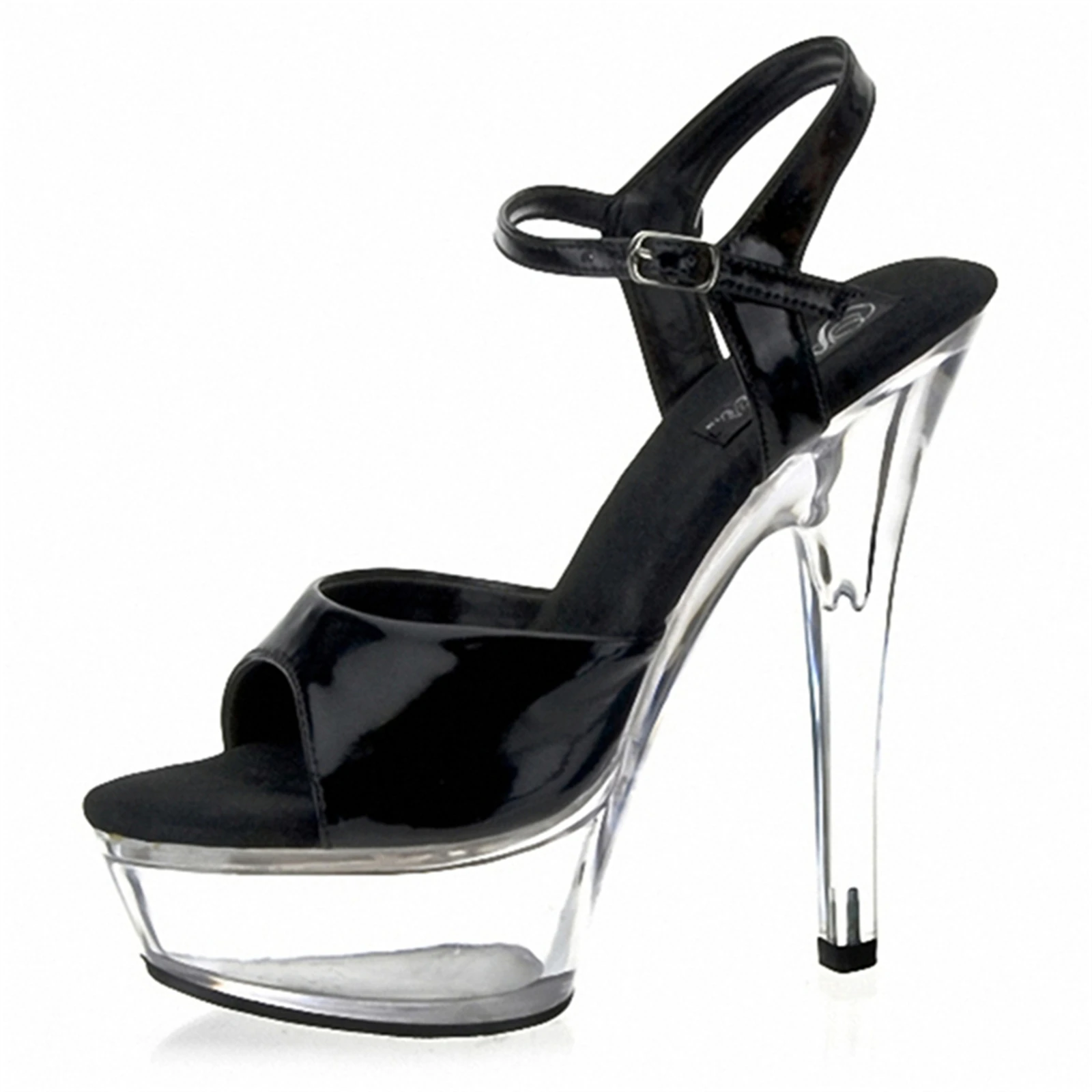 

Сексуальные черные лакированные босоножки с открытым носком телесного цвета на прозрачной платформе и ремешком на щиколотке, клубные туфли