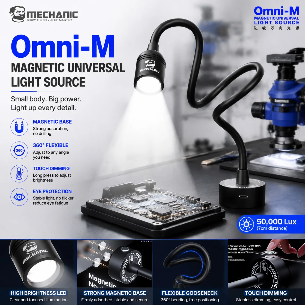 MECHANIC Omni M Magnetic 360 Degree Bendable LED Fill Light Touch Dimmable Mini Work Lamp For Microscope PCB Phone Repair