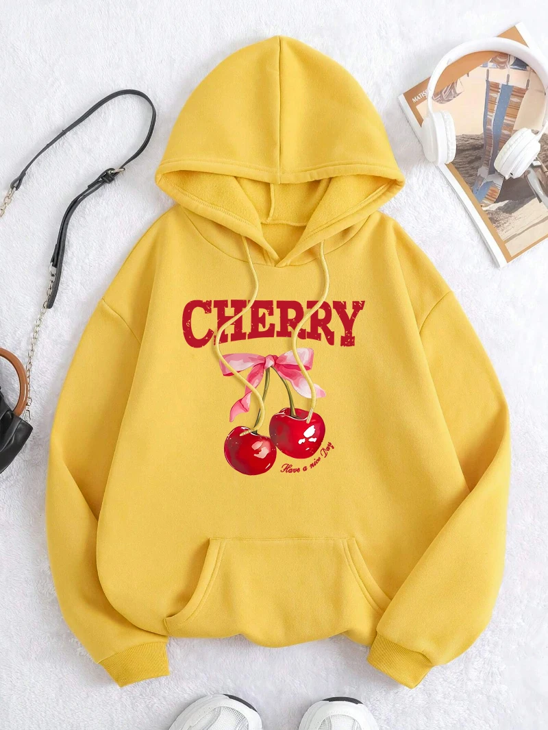 الكرز الوردي القوس لديك يوم جميل طباعة هوديس المرأة جيب لينة ملابس رياضية الصوف المعتاد هودي الخريف أزياء للجنسين هوديي #3