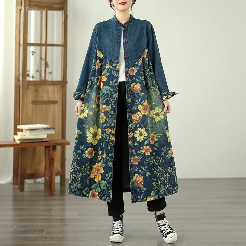 Long Denim Jackets Women Print Flowers Single Breasted Vintage Chaquetas Fashion Spring Autumn Loose Ropa De Mujer