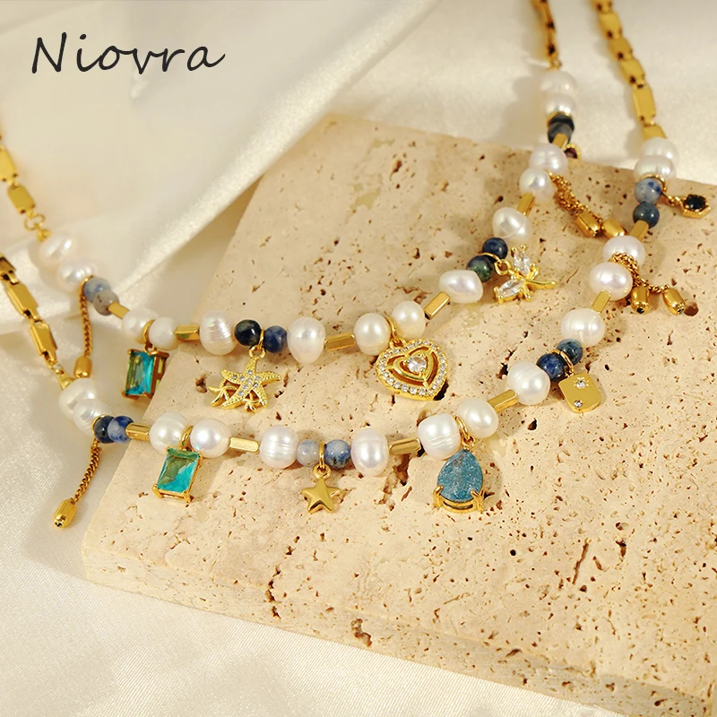 

Nivora Freshwater Pearl Copper Chain Necklace For Women Colorful Glass Stone Beads Heart Water Drop Choker Women Neck Jewelry