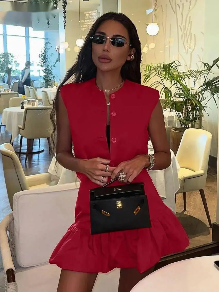 

Red Summer Loose Red Cotton Women's Two Pieces Set 2025 Fashion Sleeveless Tank Top With High Waist Mini Skirt Set Female