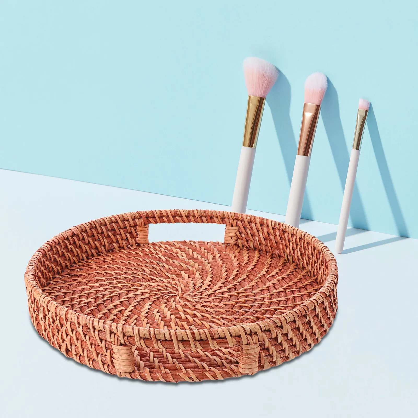 

Round Handwoven Rattan Tray Cutout Handles 28.50cm Decorative Platter Coffee Table Dining Vanity Organizer Storage Basket