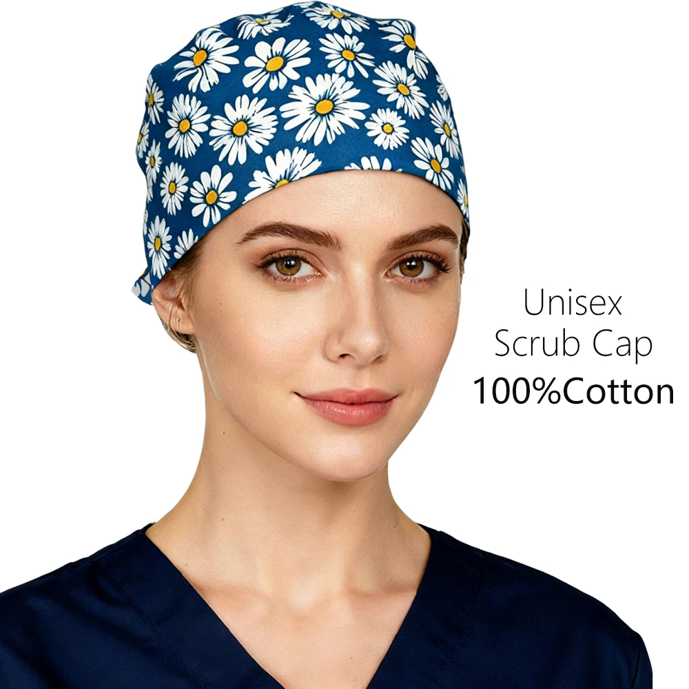 women's Cotton scrubs caps with flower print Elastic Section pet grooming nursing work hats lab Flower print scrub hat Wholesale