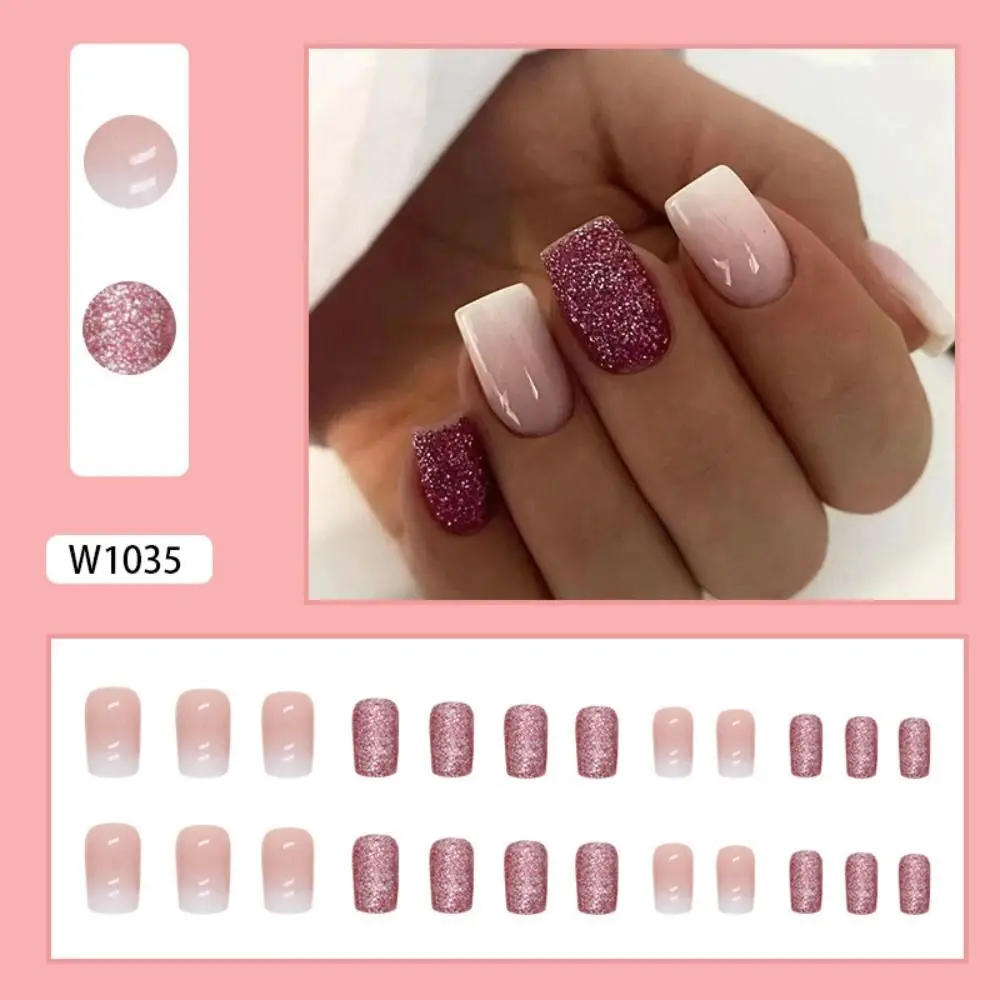 New Long Square False Nails French Wavy Full Cover Press on Nails Detachable Glitter Purple Green Nail Tips Women Girls