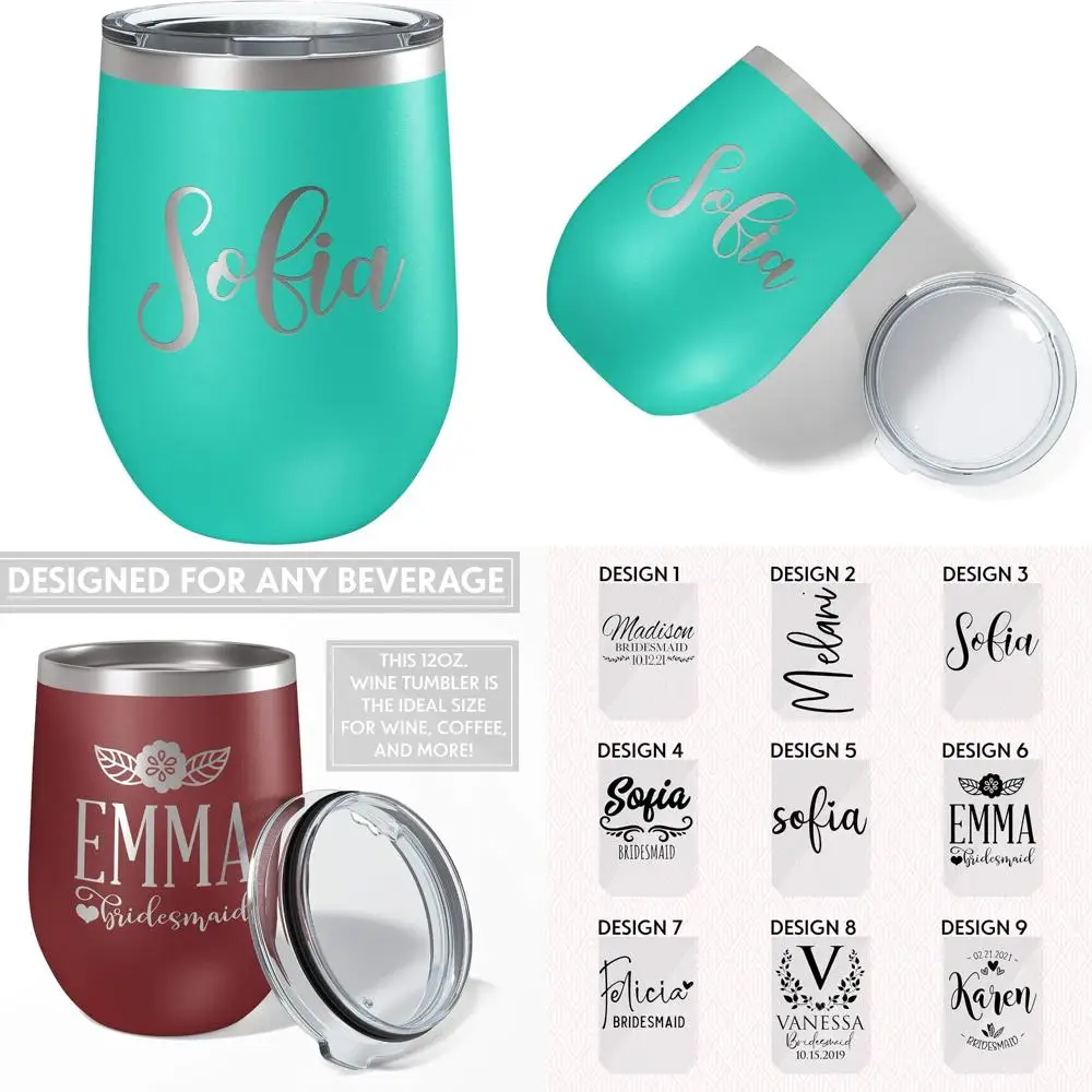 

Personalized Stemless Wine Tumblers for Bridesmaids - 12 oz Teal, Perfect Wedding Gift for Bachelorette Party, Customizable Drin