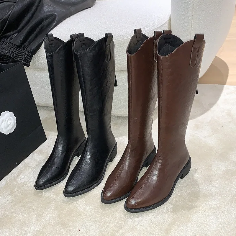 Women's Knee-high Boots Fashion Casual Knight Boots V-mouth Design Pointed Toe Leather Boots Slim Fitting Long Boot Botas Mujer