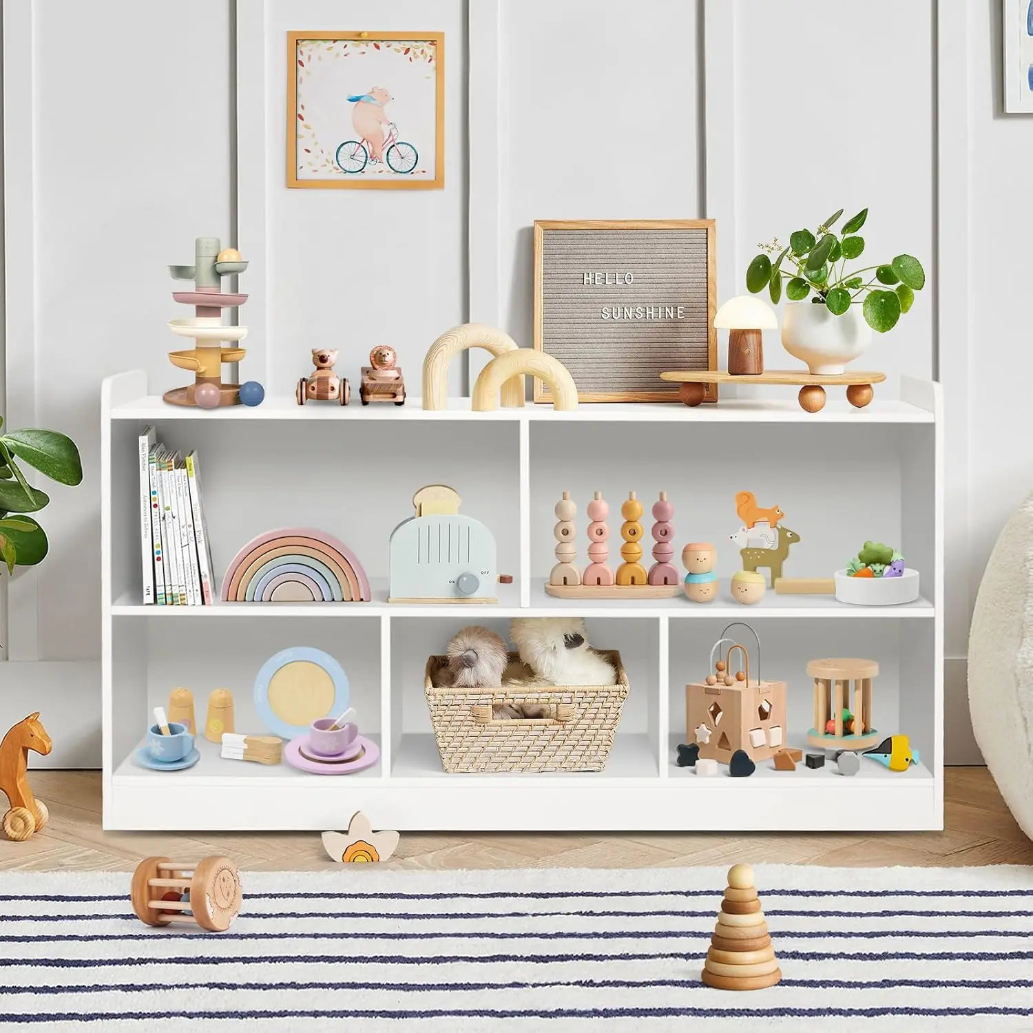 Étagère en bois pour le nettoyage des jouets, bibliothèque à 2 étagères, armoire de rangement à 5 sections, étagère à livres pour tout-petits