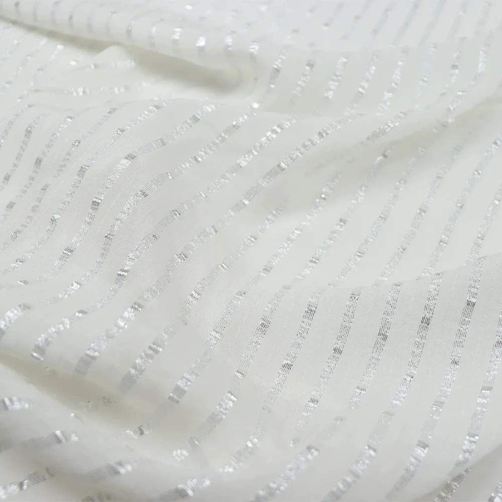 Nice Style Simple Fashion White Silver Line Silk Metallic Fabric Lurex for Lady Women Shirt Dress Cloth