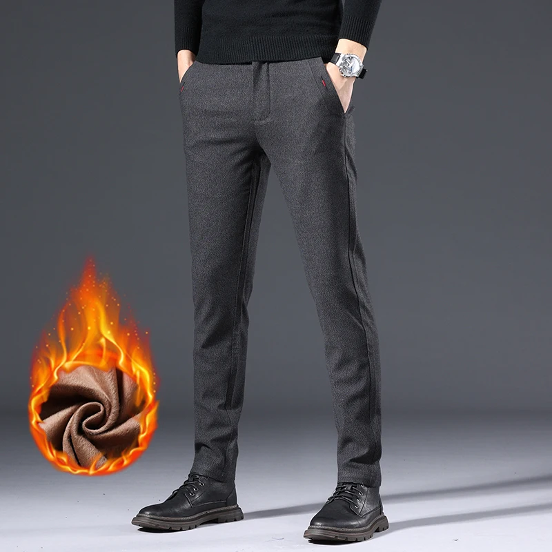 3 Colors Fleece Business Casual Pants Men Winter Thermal Fashion Youth Slim Trousers Stretch Straight Velvet Thicke Male Pants