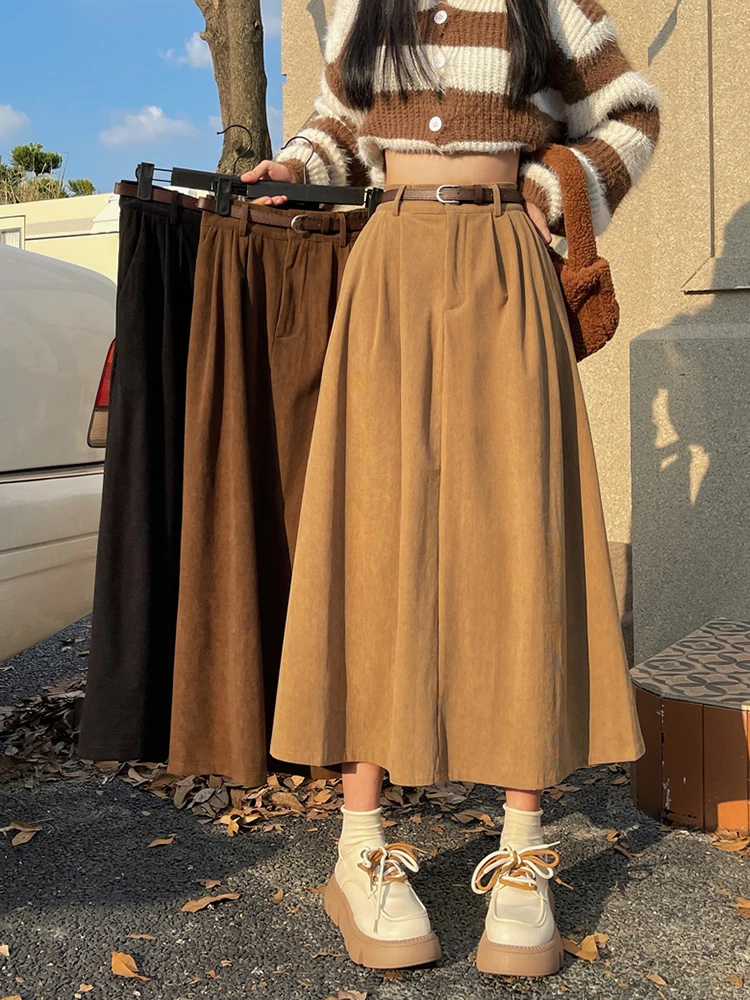 

Винтажная Вельветовая юбка Zoki с поясом, Женская Повседневная Уличная одежда с высокой талией, юбки средней длины на осень и зиму, Свободная Женская юбка высокого качества в Корейском стиле