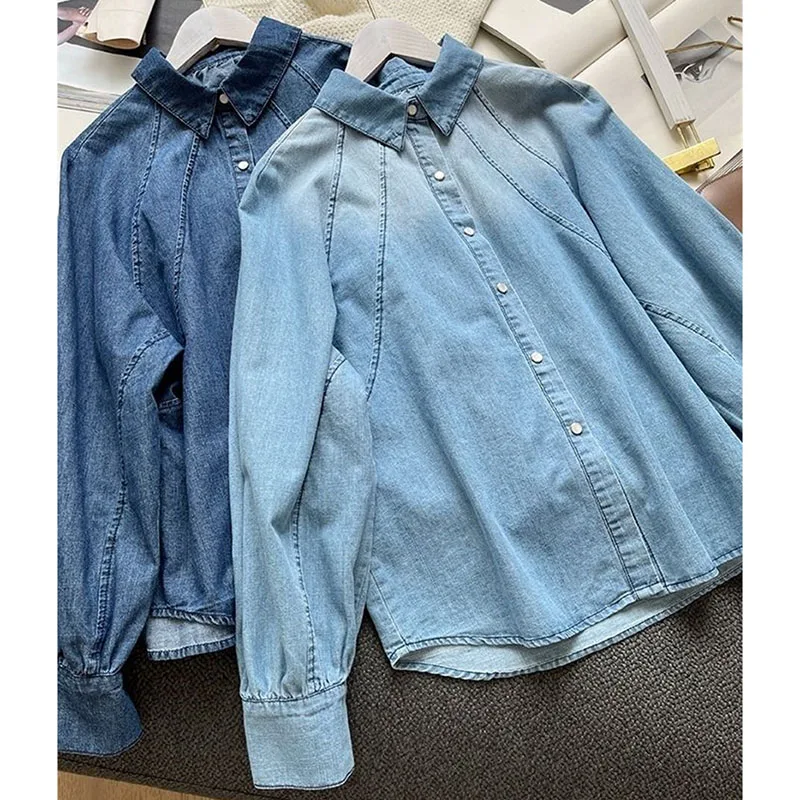 

Корейская мода в стиле ретро, новинка 2026, весенне-осенние джинсовые рубашки, женские повседневные универсальные свободные женские блузки с длинными рукавами в стиле пастушки, топ