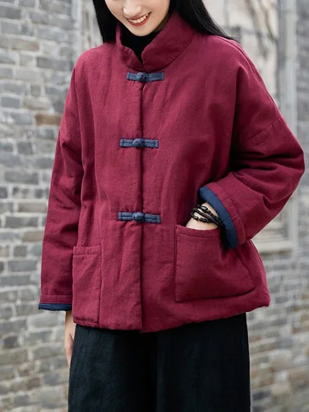 

Thiened ort Cotton Jaet Women's Large Size New Chinese Sle Artistic Stand Collar Coat Ethnic Wind Ladies Outerwear