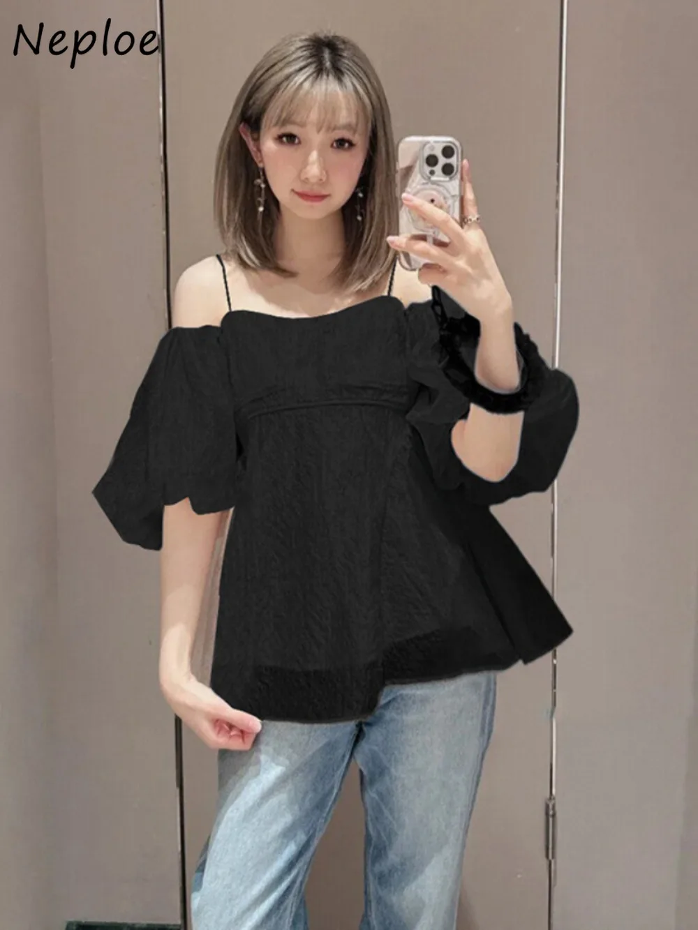 

Neploe Puff Sleeve Fresh Sweet Off Shoulder Print Sling Shirt Japan Ruched Ruffles Top Chiffon Slash Neck French Fairy Blouses