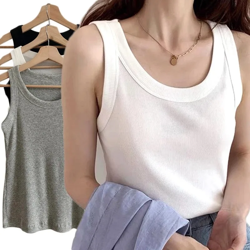 Summer Slim Elastic Ribbed Knitted Vest Girls Sexy Sleeveless Cotton Solid Color Camisole Base Vest Tops Women\'s Intimates Tanks