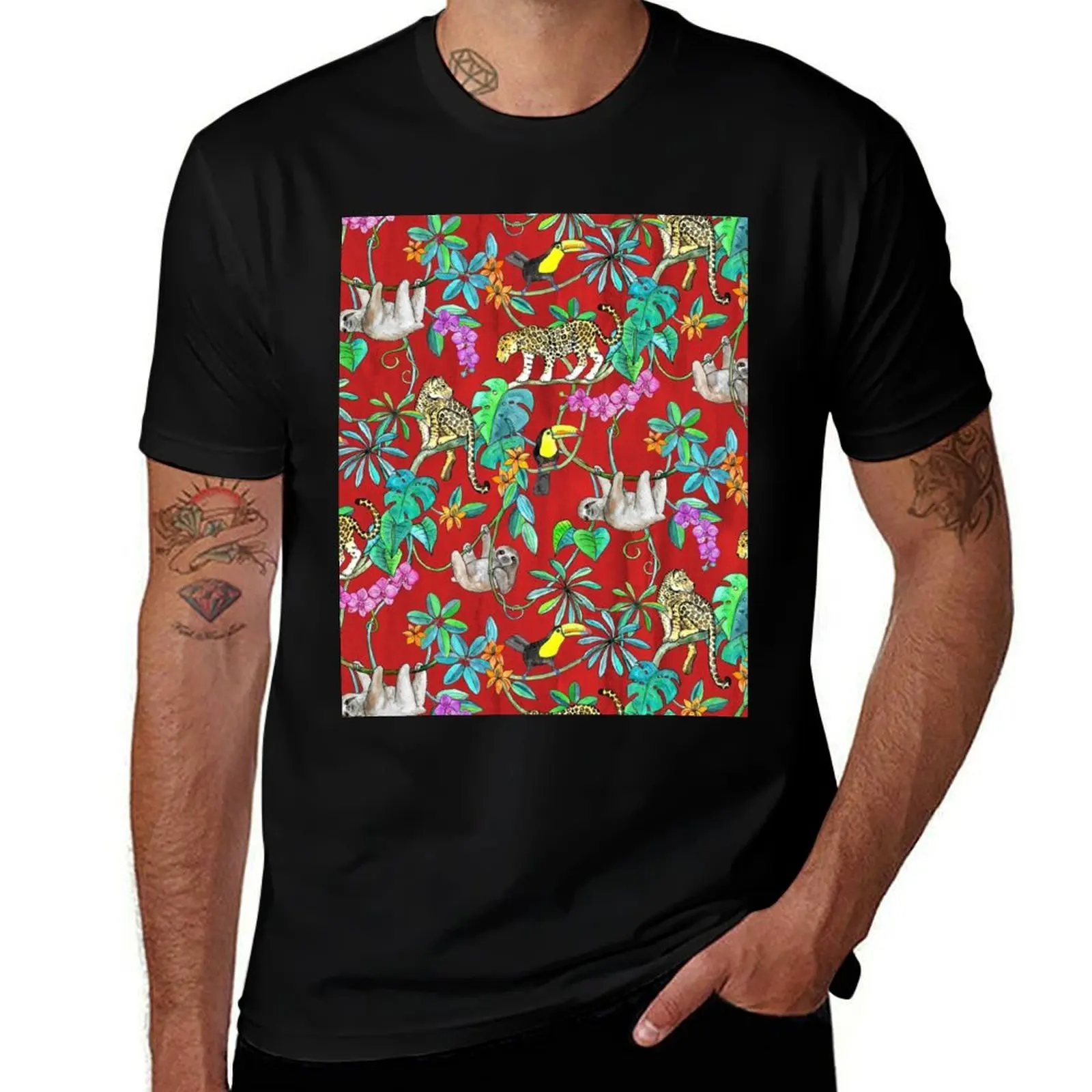 

Rainforest Friends - watercolor animals on textured red T-Shirt man t shirt designer t shirts for man cotton soft T-shirt