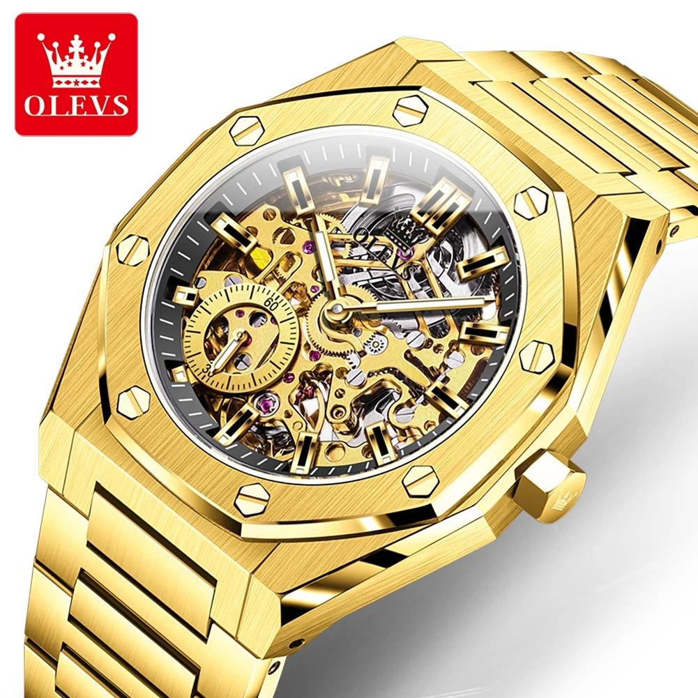 OLEVS Men's Watches Luxury Fashion Fine Steel Original Automatic Wristwatch Hollow Out Mechanical Dial Independent Second Dial