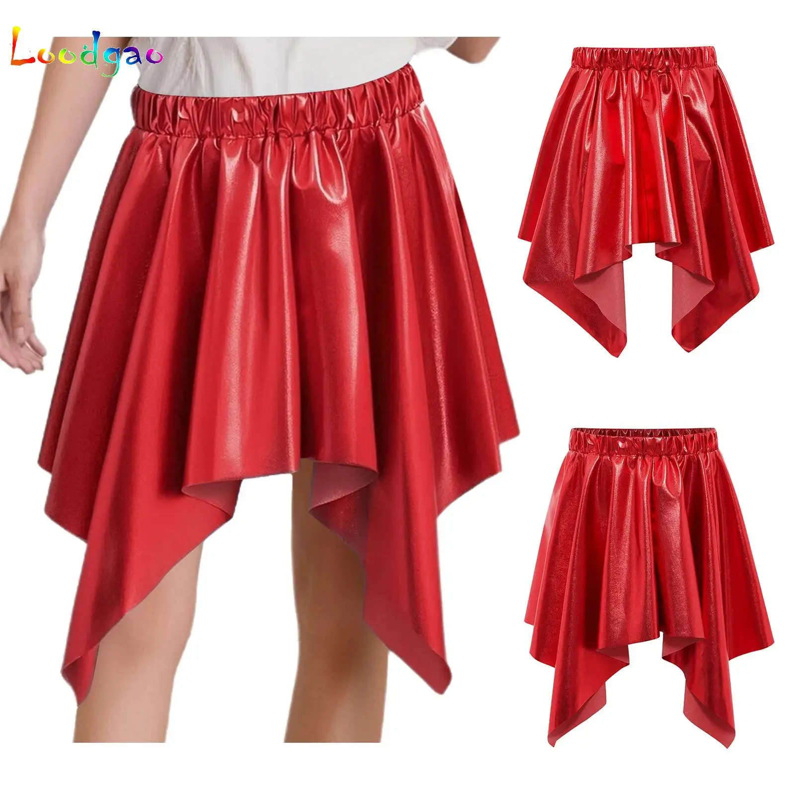 

Kids Girls Metallic Hip Hop Dance Skirt Irregular Ruffled Mini Skater Skort Athletic Shiny Scooter Skirt for Cheerleading Party