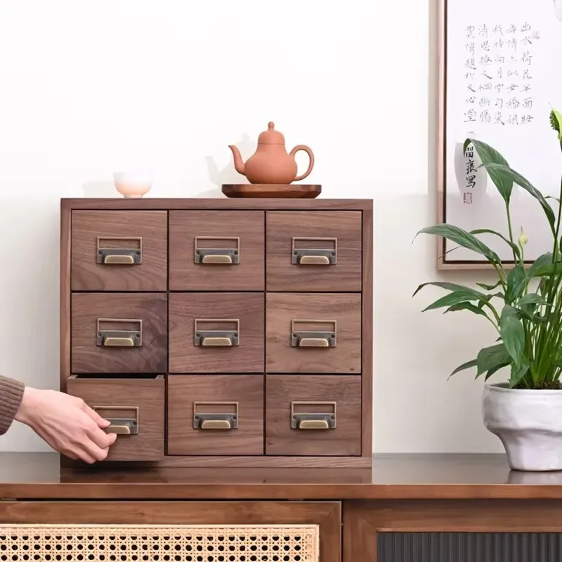 Solid Wood 9 Drawer Desktop Storage Box Retro Metal Handle Walnut Jewelry Organizer Dresser Office Cabinet